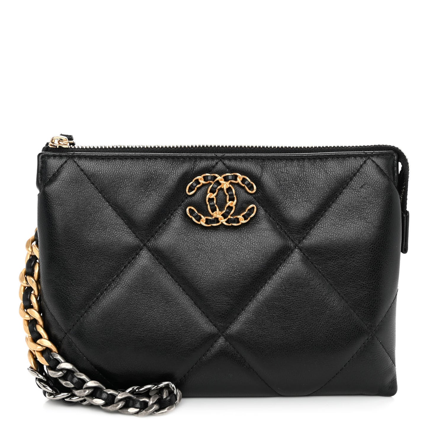Shiny Goatskin Quilted Small Chanel 19 Pouch With Handle Black
