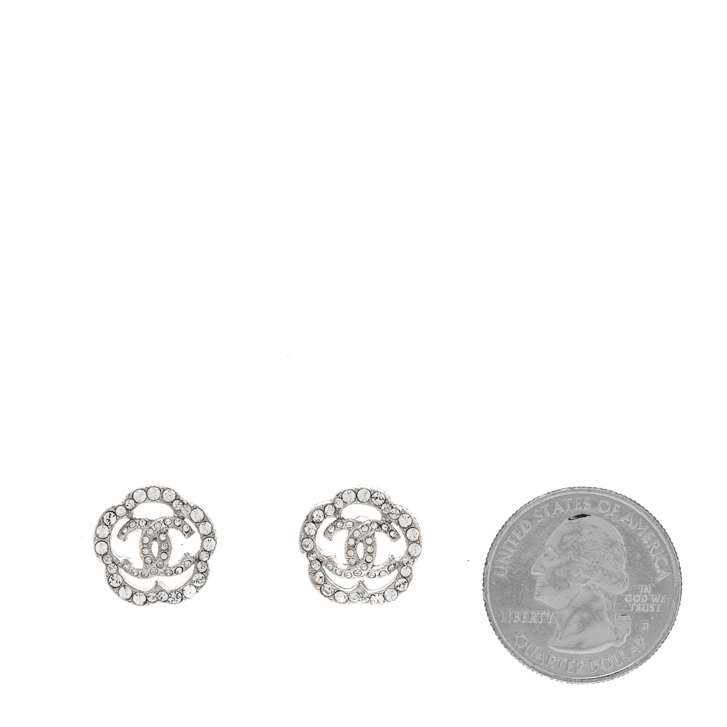 Crystal Coco Flapper Camellia CC Stud Earrings Silver