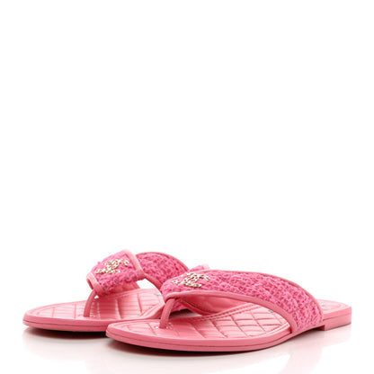 Chanel Lambskin Tweed CC Thong Sandals 38.5 Pink 3 of 9
