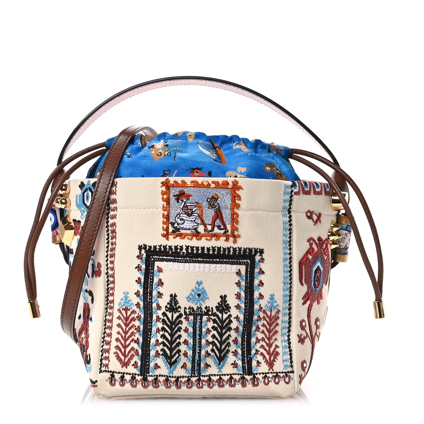 Frise Broderie Calfskin Mini Greekaba Tote Biscotto Multicolor