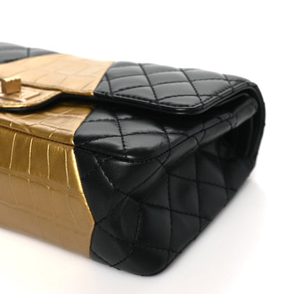 Chanel Lambskin Metallic Calfskin Crocodile Embossed 2.55 Cocodile Reissue 225 Flap Black Gold Black Gold 10 of 10