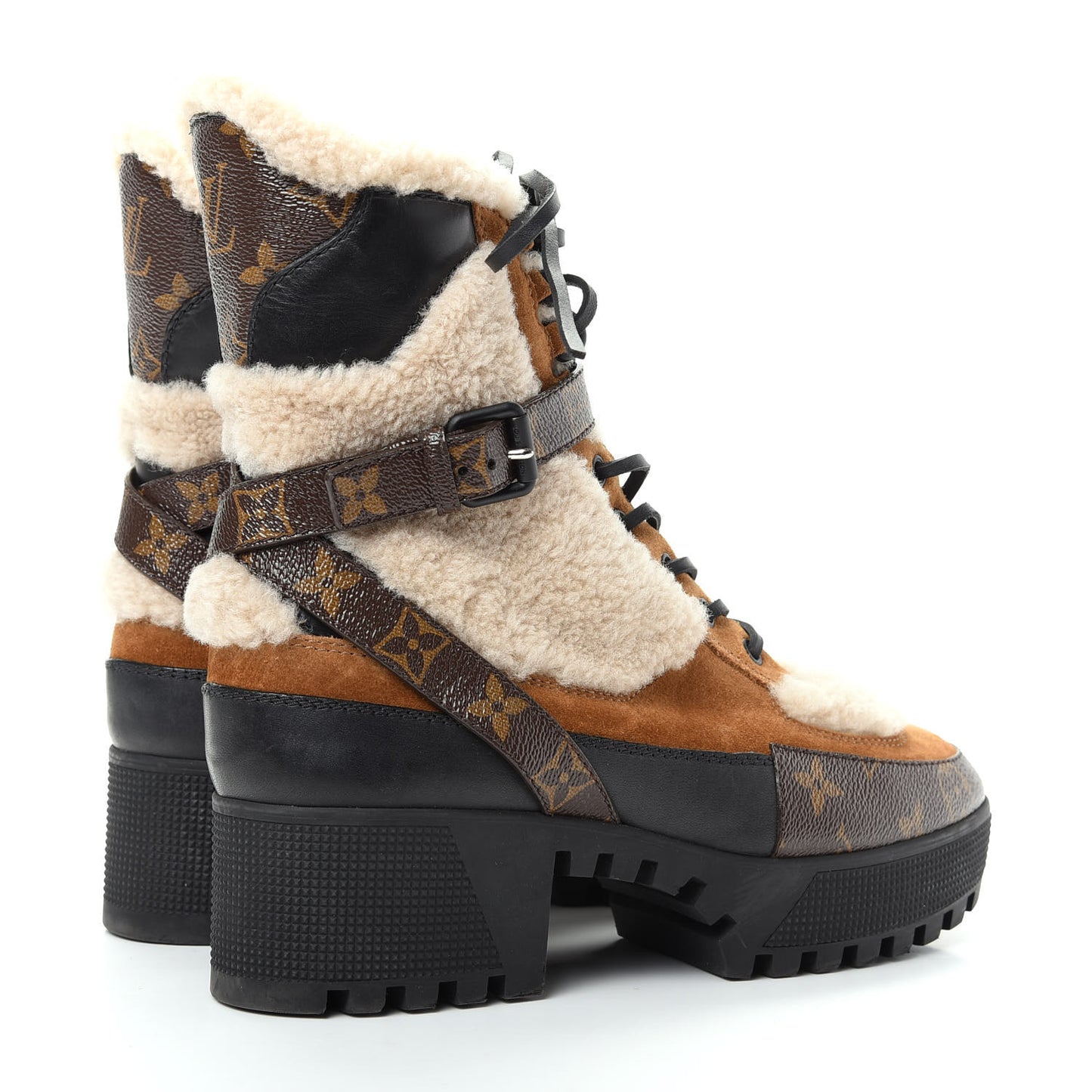 Suede Calfskin Shearling Monogram Laureate Platform Desert Boots 39 Cognac