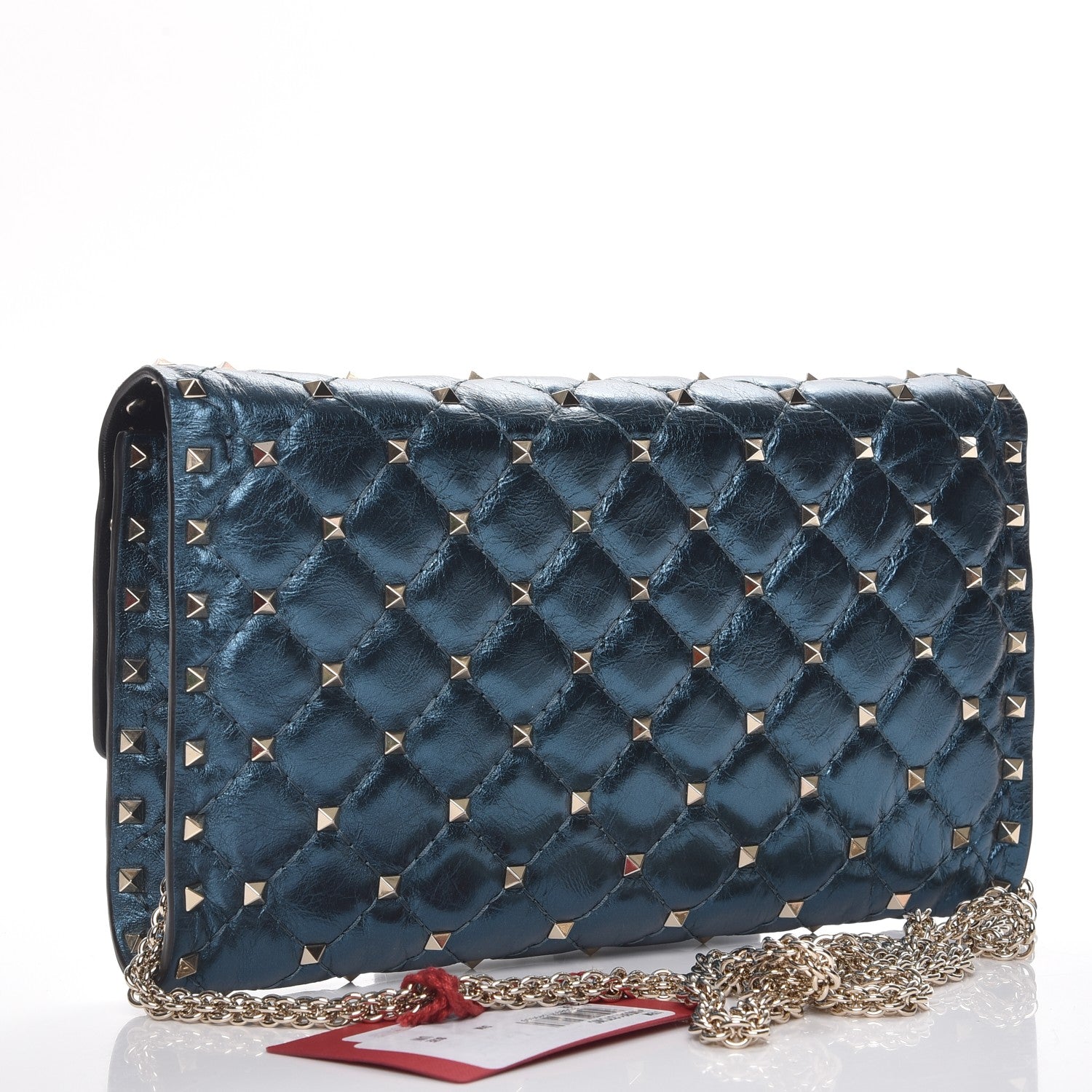 Valentino Garavani Metallic Wrinkled Lambskin Rockstud Spike Wallet On Chain Peacock 3 of 7