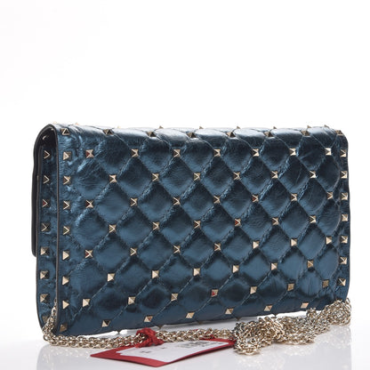 Valentino Garavani Metallic Wrinkled Lambskin Rockstud Spike Wallet On Chain Peacock 3 of 7