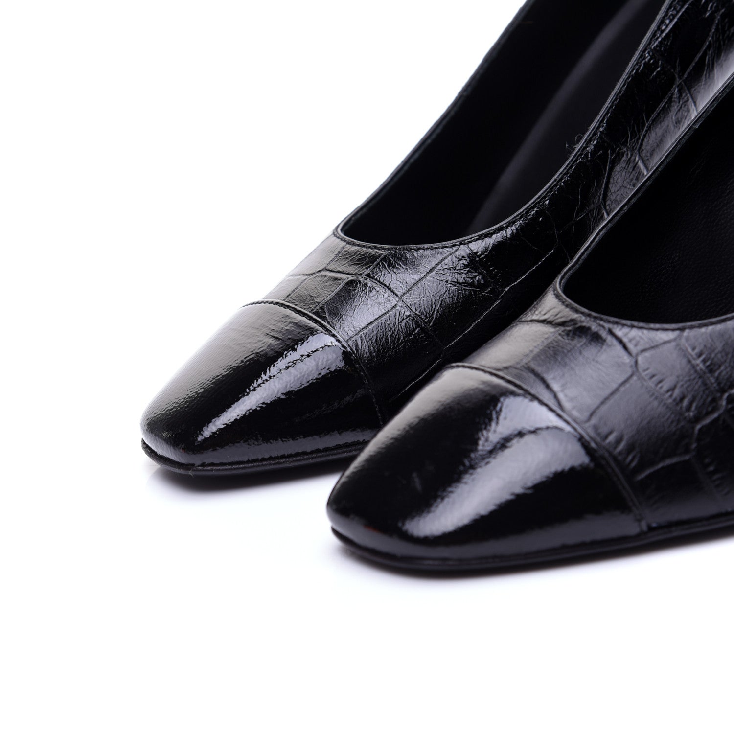 Chanel Crocodile Embossed Crumpled Patent Cap Toe Pumps 39.5 Black 6 of 13