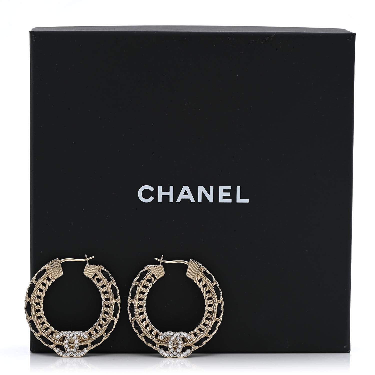 Chanel Crystal Lambskin CC Chain Hoop Earrings Gold Black 5 of 5