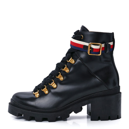 Gucci Calfskin Sylvie Web Womens Lace Up Combat Boots 37.5 Black 1 of 8
