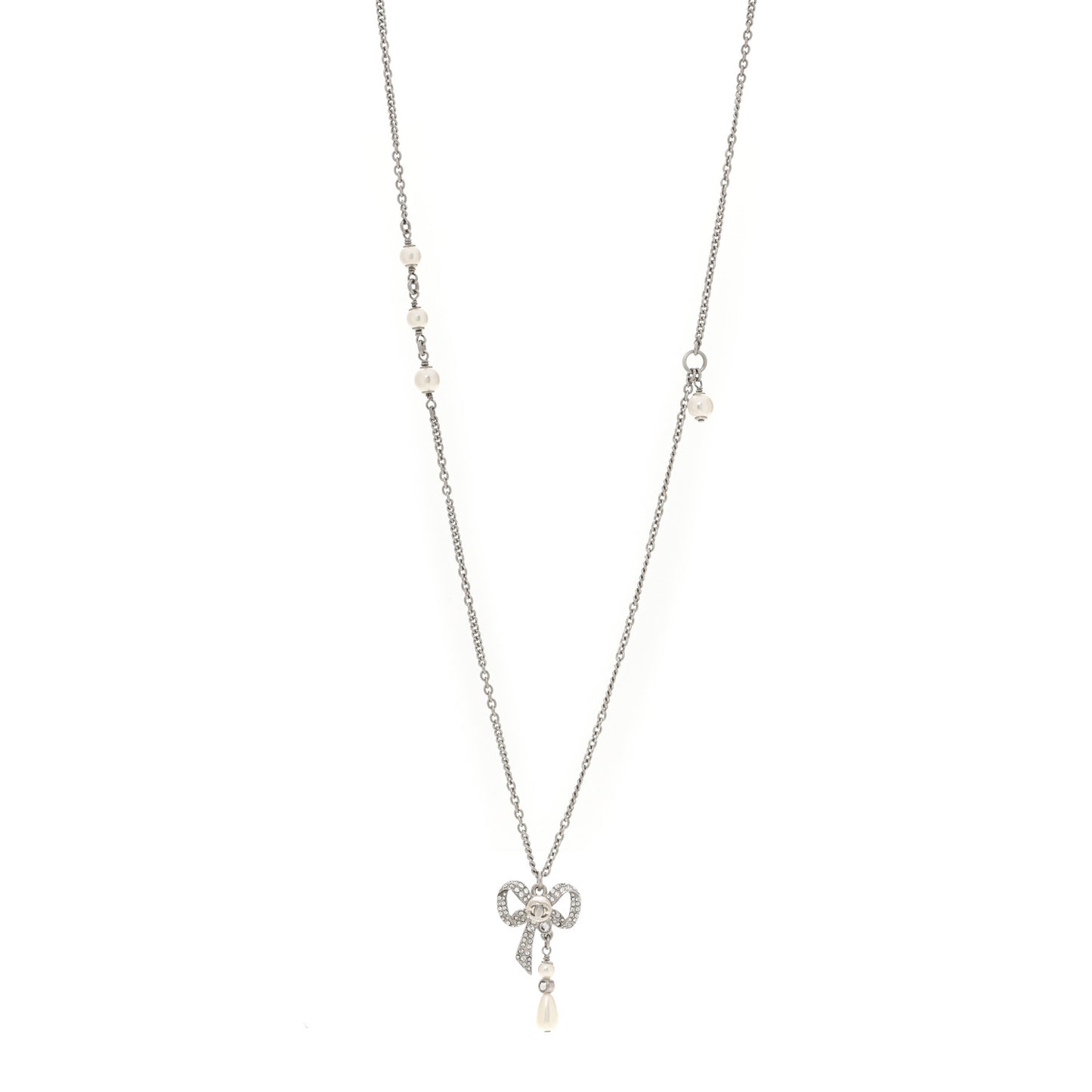 Crystal Pearl Bow CC Necklace Silver