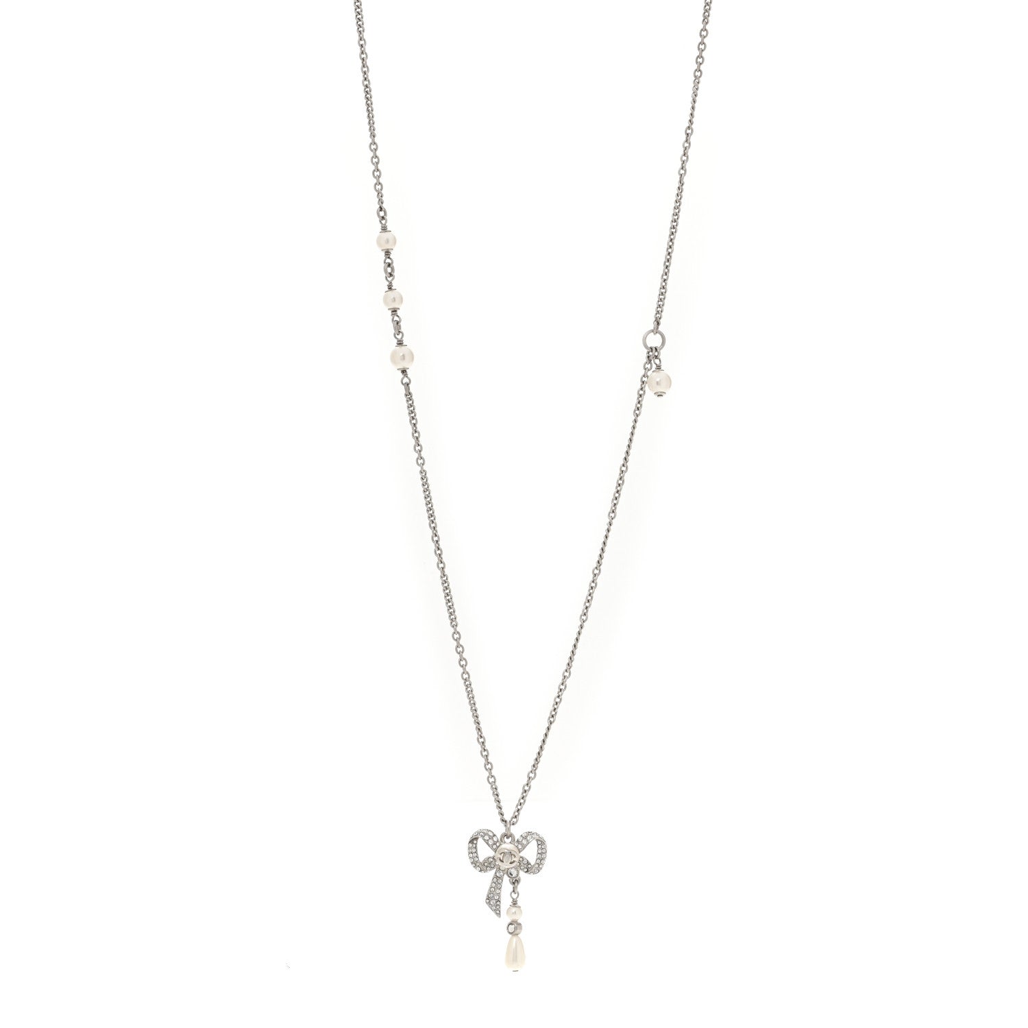 Chanel Crystal Pearl Bow CC Necklace Silver 1 of 5