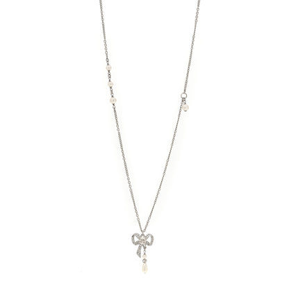 Chanel Crystal Pearl Bow CC Necklace Silver 1 of 5
