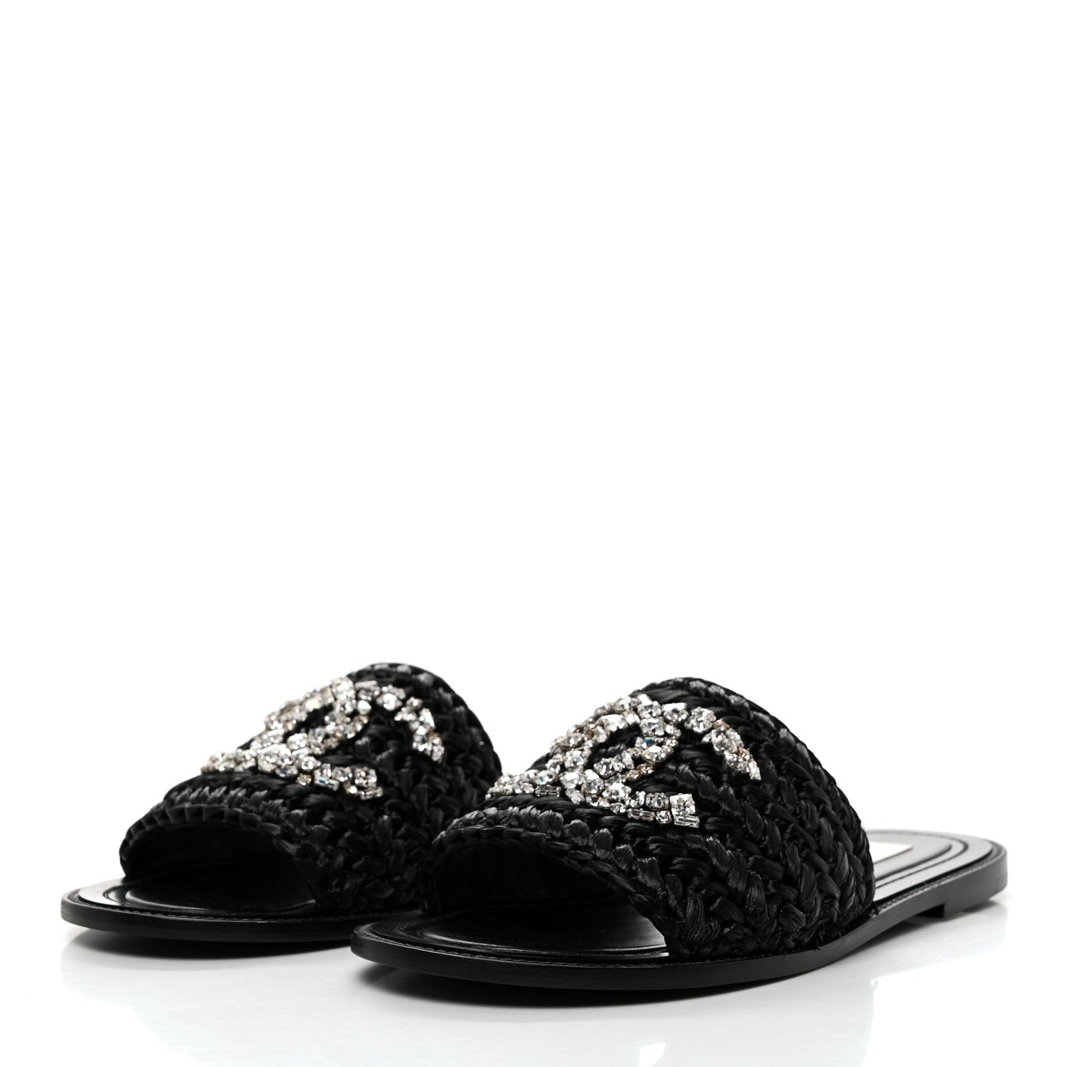 Chanel Raffia Crystal CC Mules Sandals 38.5 Black 3 of 9