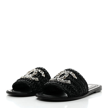 Chanel Raffia Crystal CC Mules Sandals 38.5 Black 3 of 9