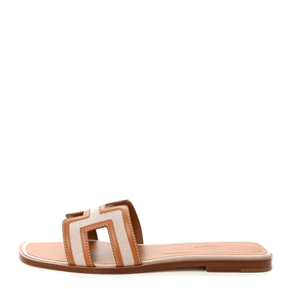 Hermes Calfskin Canvas Oran Sandals 41 Noisette Beige Dore 1 of 9