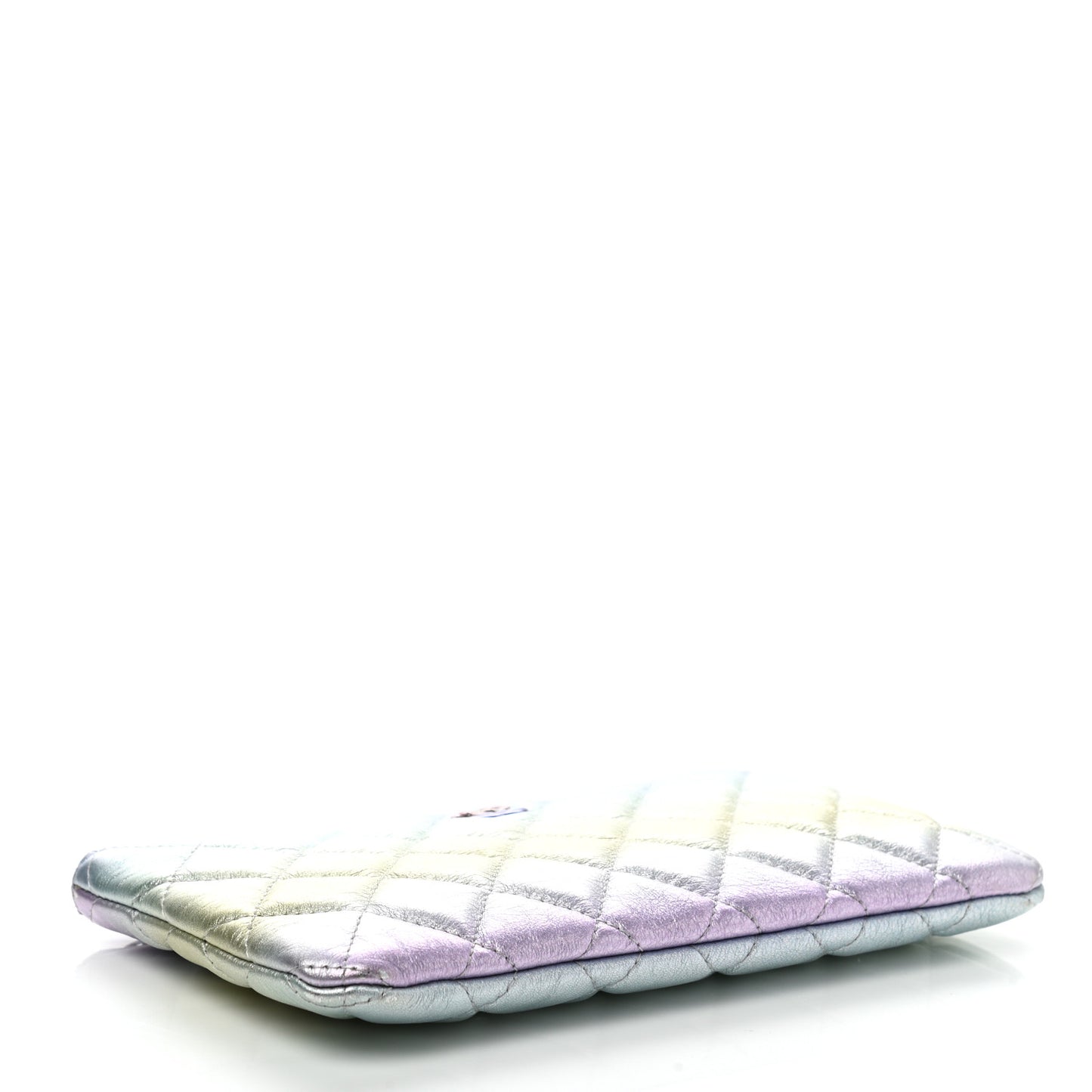 Gradient Metallic Calfskin Quilted Cosmetic Case Silver Blue Yellow Purple