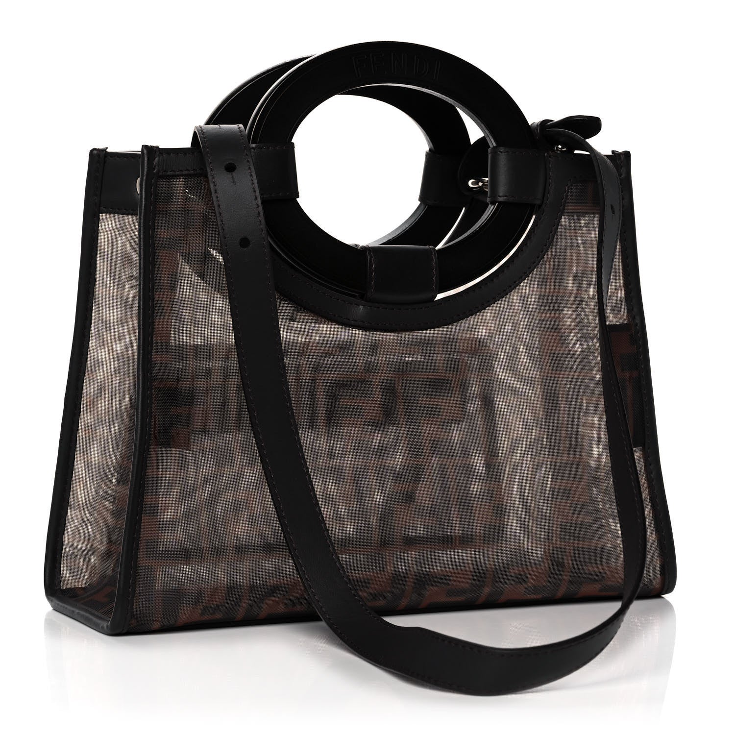Fendi Mesh Vitello Century Cuoio FF 1974 Small Runaway Shopper Tote Marrone Black Ebano 3 of 16