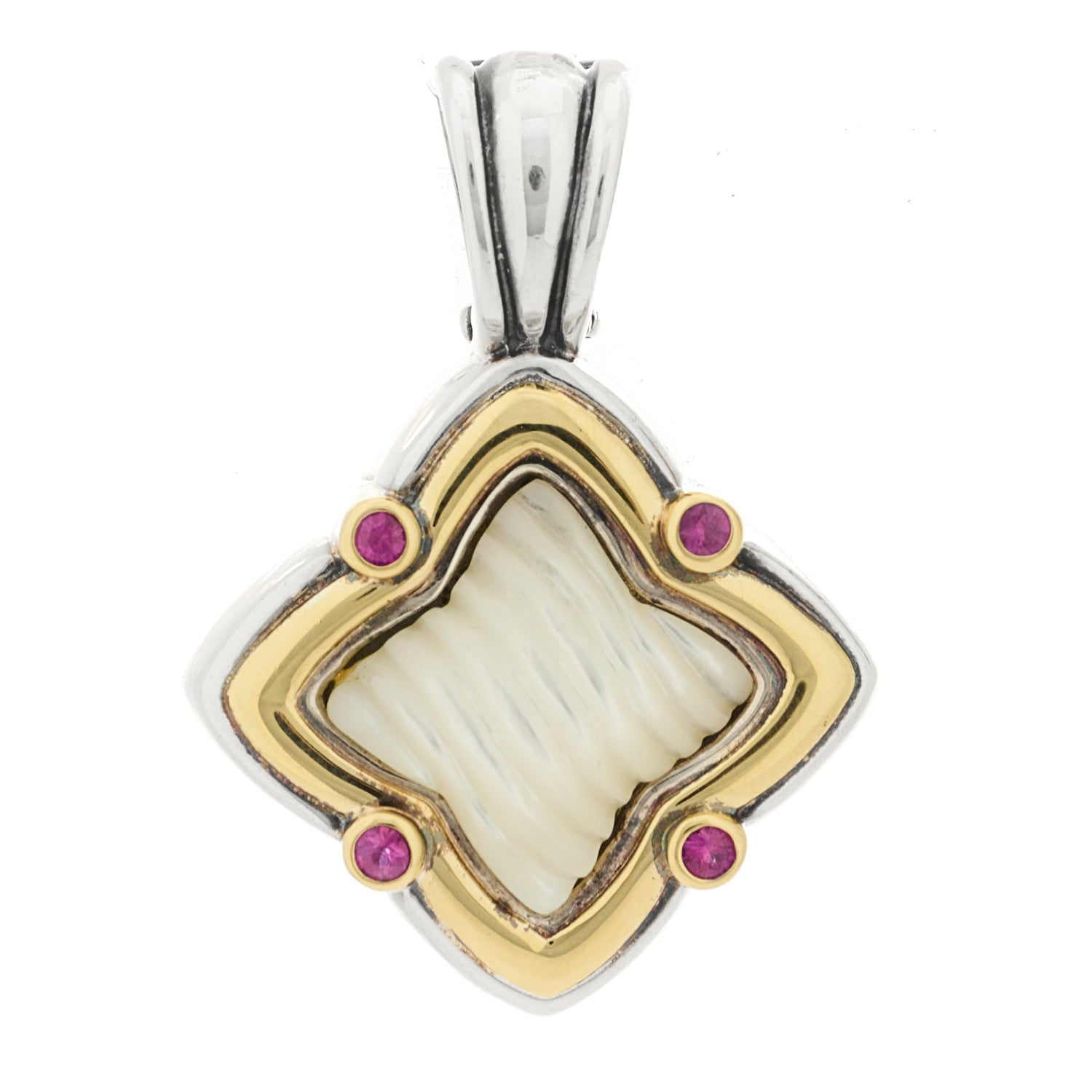 David Yurman Sterling Silver 18K Yellow Gold Mother of Pearl Ruby Quatrefoil Enhancer Pendant 1 of 5