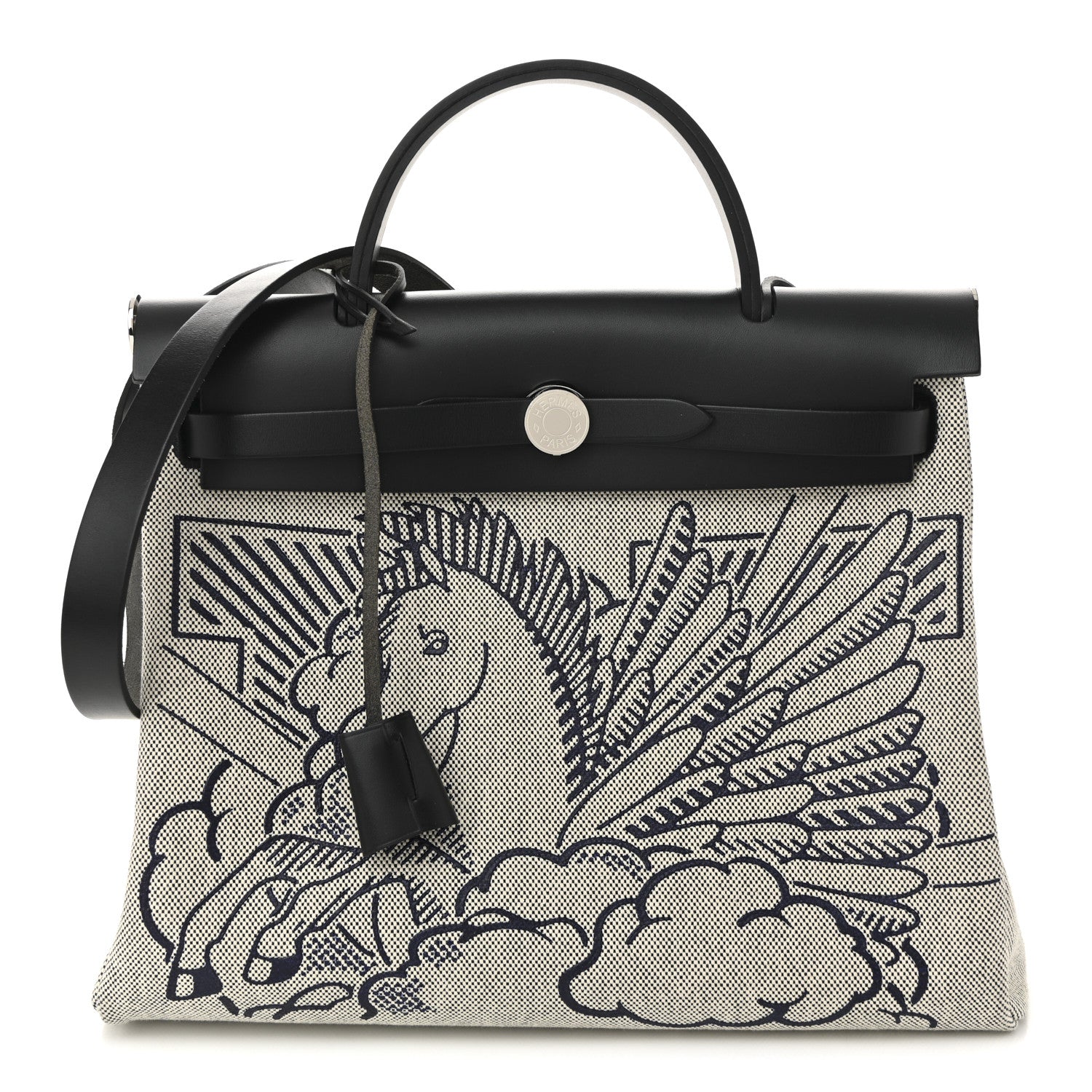 Hermes Vache Hunter Toile H Pegase Pop Herbag Zip Retourne 31 PM Bleu Indigo Ecru Black 1 of 11