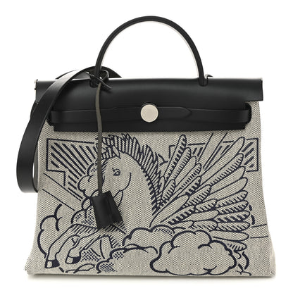 Hermes Vache Hunter Toile H Pegase Pop Herbag Zip Retourne 31 PM Bleu Indigo Ecru Black 1 of 11