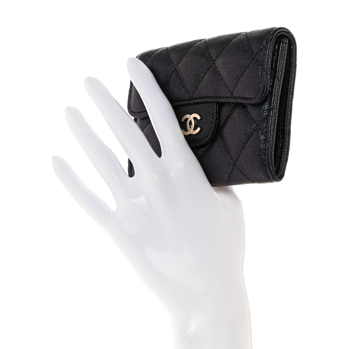 Iridescent Caviar Quilted Flap Card Holder Wallet Black