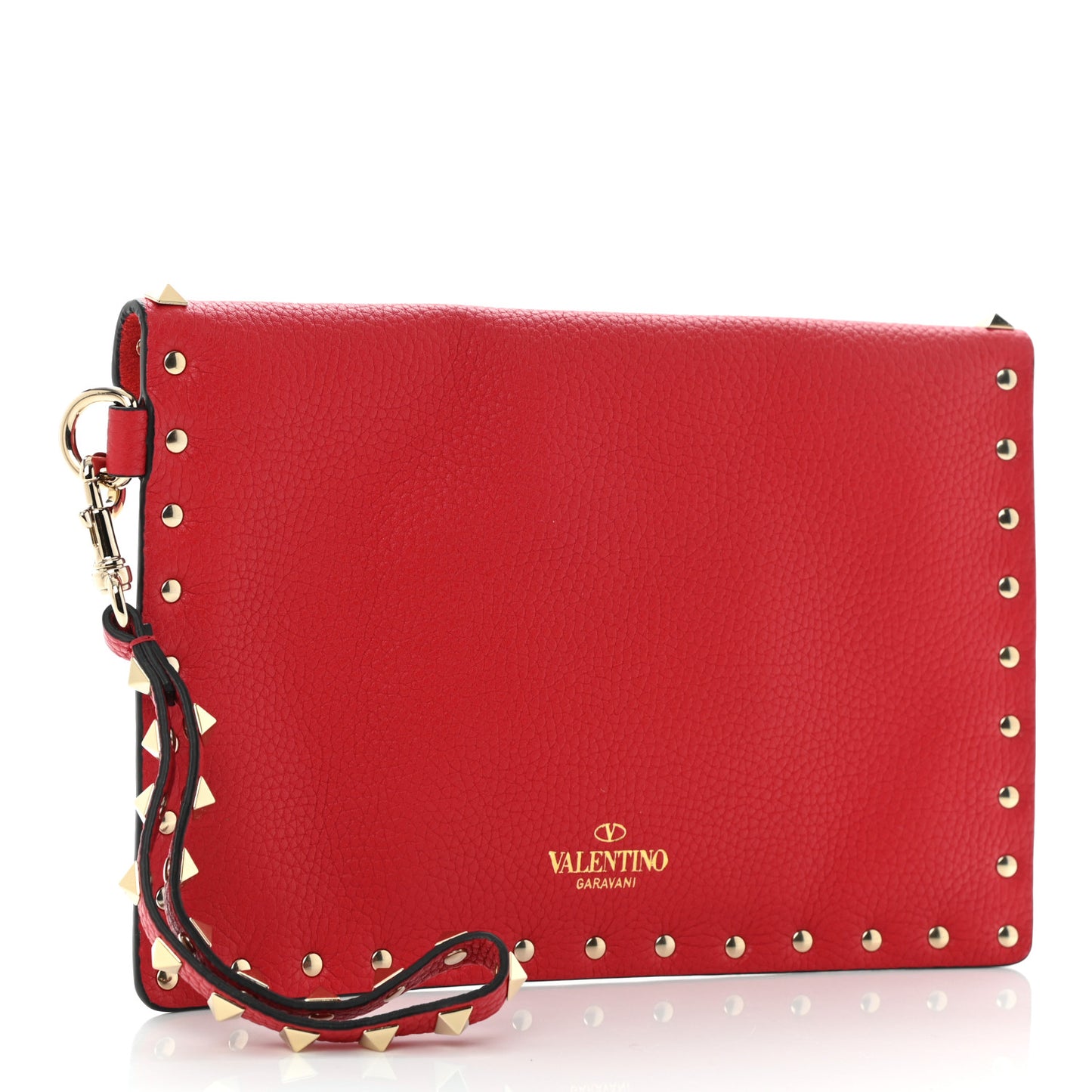 Pebbled Calfskin Medium Rockstud Envelope Flat Wristlet Pouch Rouge Pur