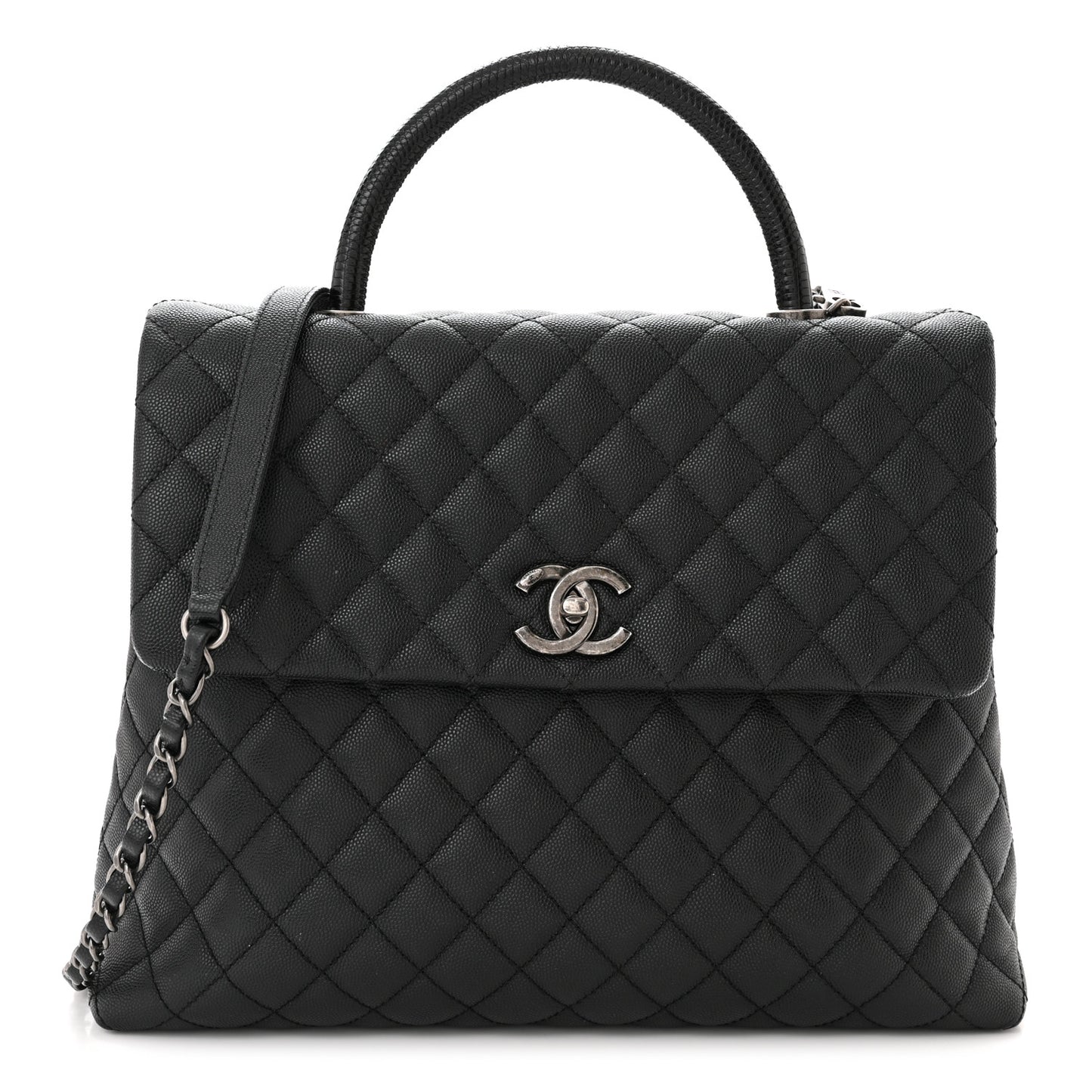 Caviar Lizard Quilted Large Coco Handle Flap Black