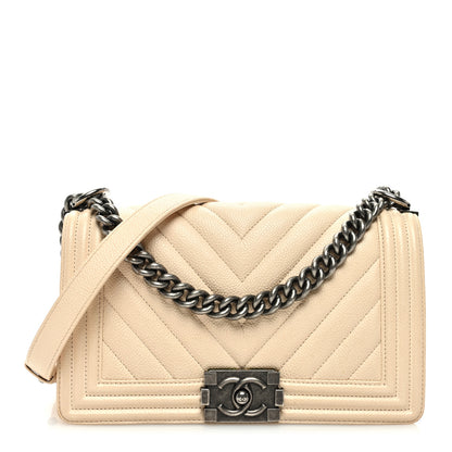 Chanel Caviar Chevron Quilted Medium Boy Flap Light Beige 1 of 10