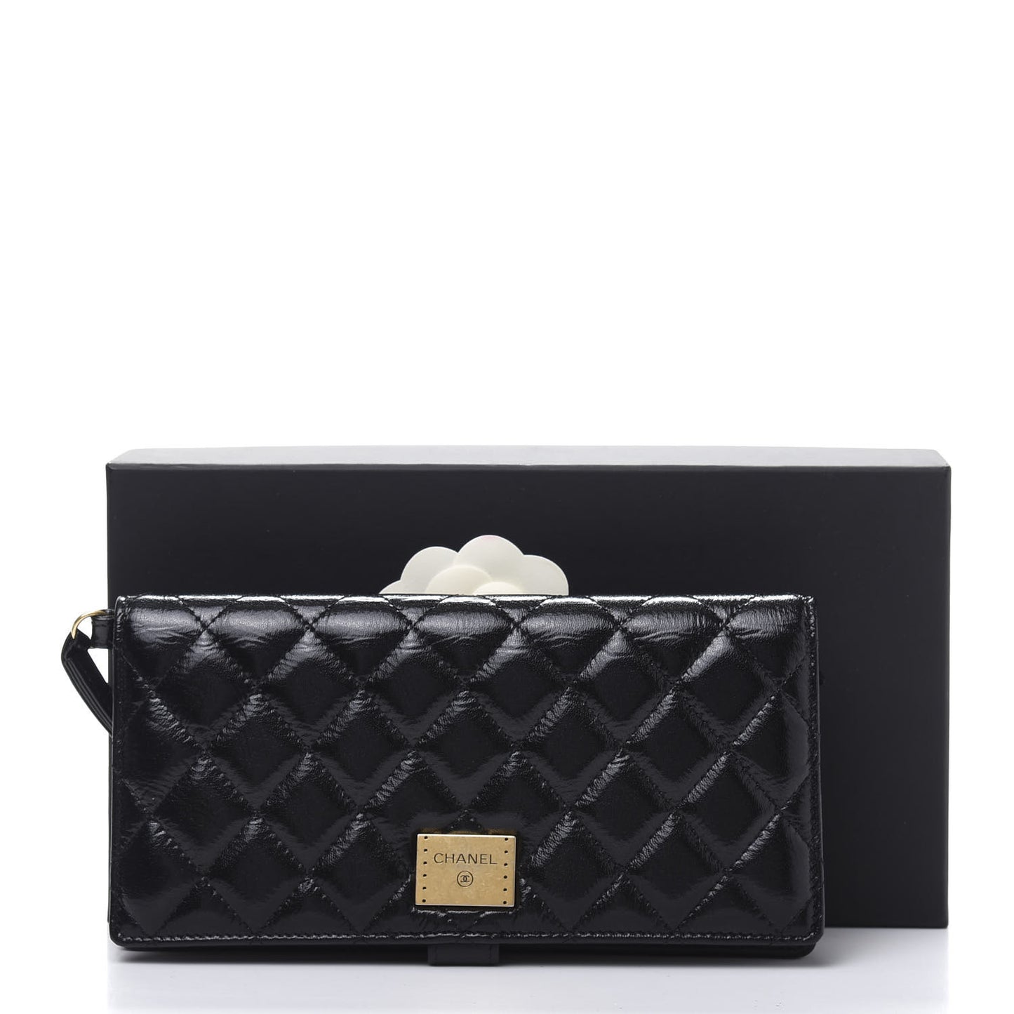 Glazed Calfskin Quilted Long Wallet With Handle Black
