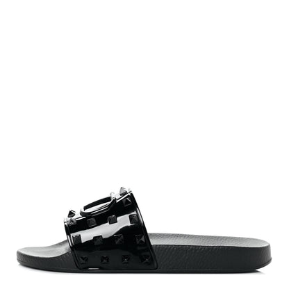Valentino Garavani Patent Rubber Mens Rockstud VLogo Slide Sandals 41 Black 1 of 7