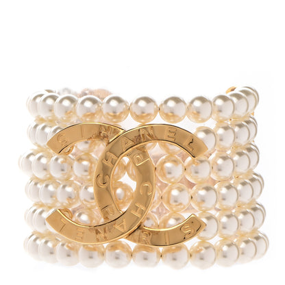 Chanel Pearl Metal CC Paris Button Multistrand Bracelet Gold White 1 of 5