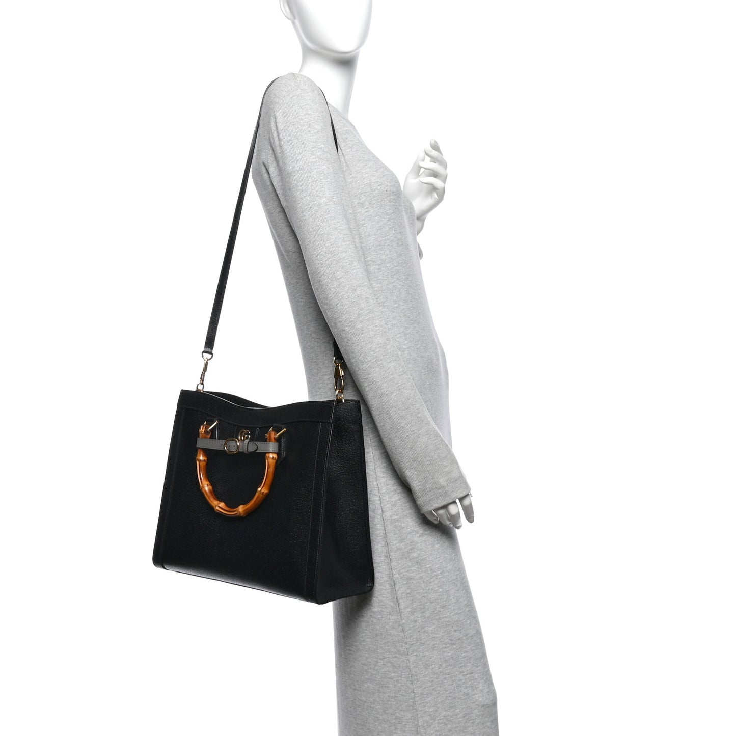 Textured Dollar Calfskin Web Medium Diana Tote Bag Black Dusty Grey