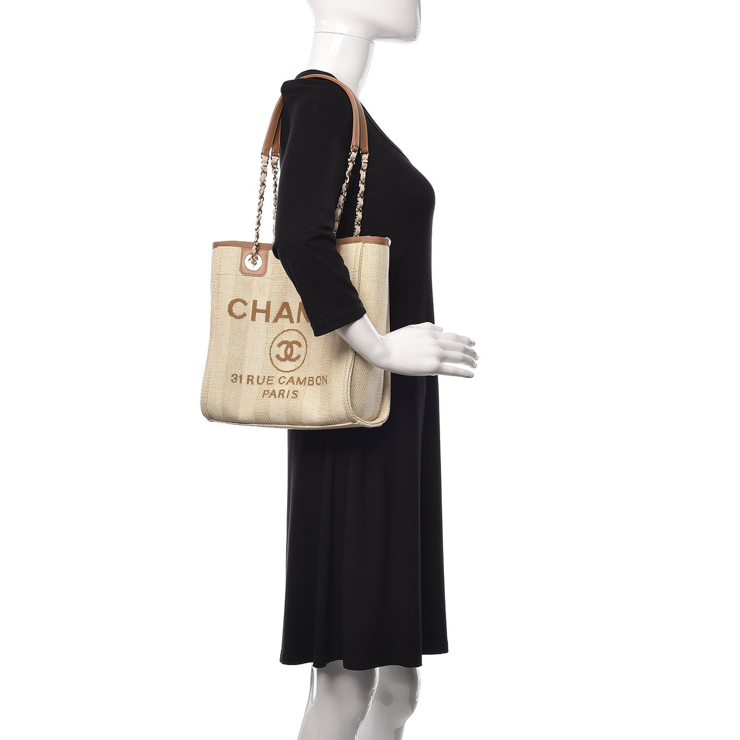 Straw Raffia Calfskin Striped Mini Deauville Tote Beige