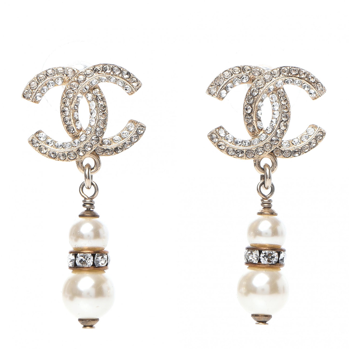 Crystal Pearl CC Drop Earrings Light Gold