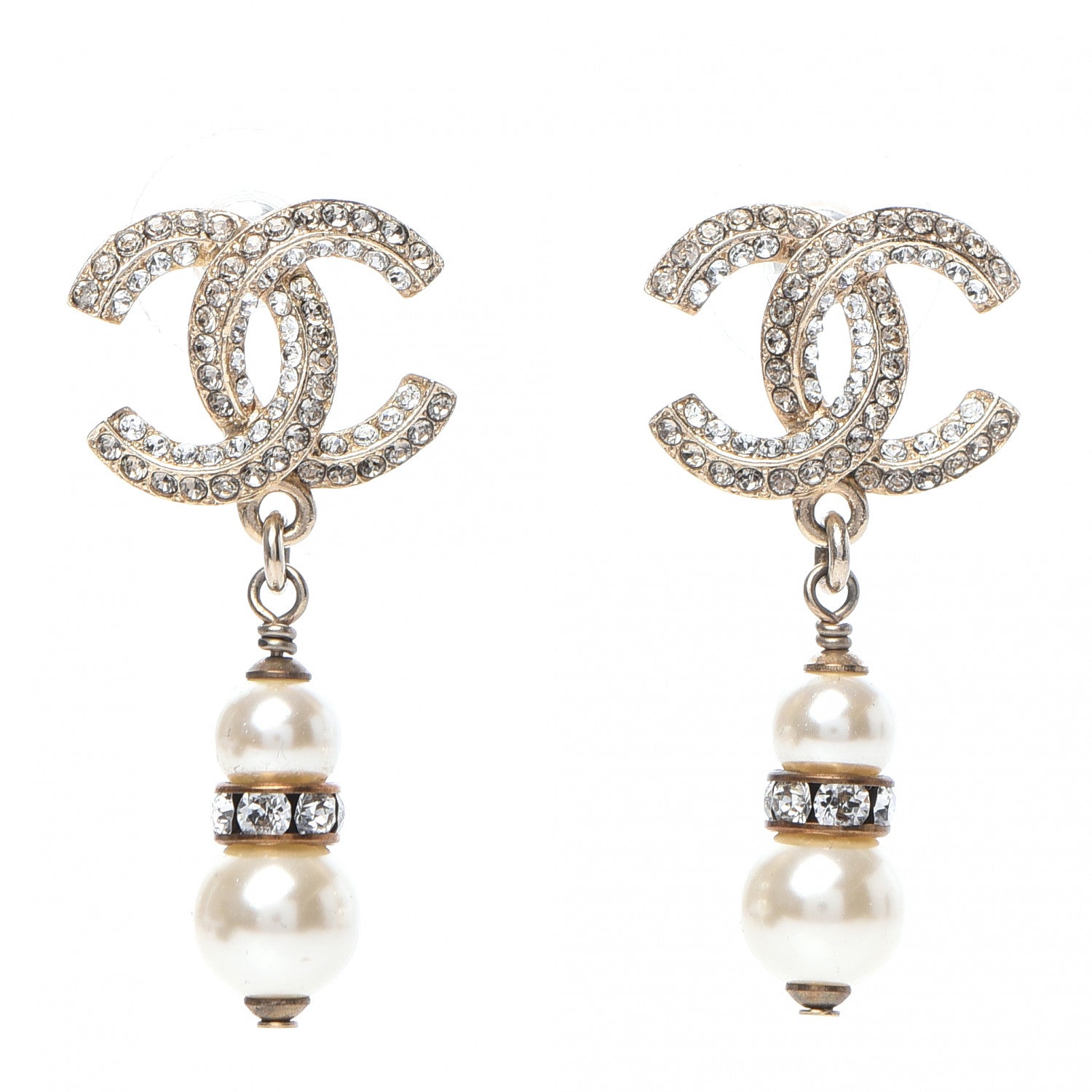 Chanel Crystal Pearl CC Drop Earrings Light Gold 1 of 5
