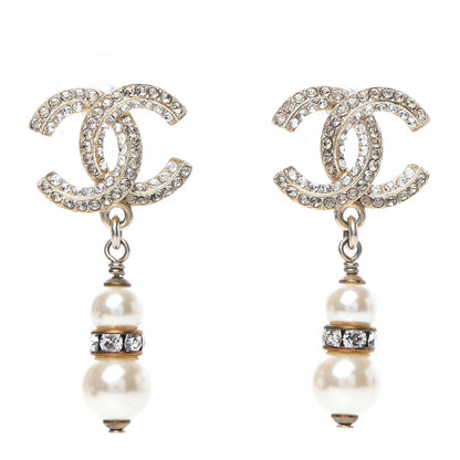 Chanel Crystal Pearl CC Drop Earrings Light Gold 1 of 5