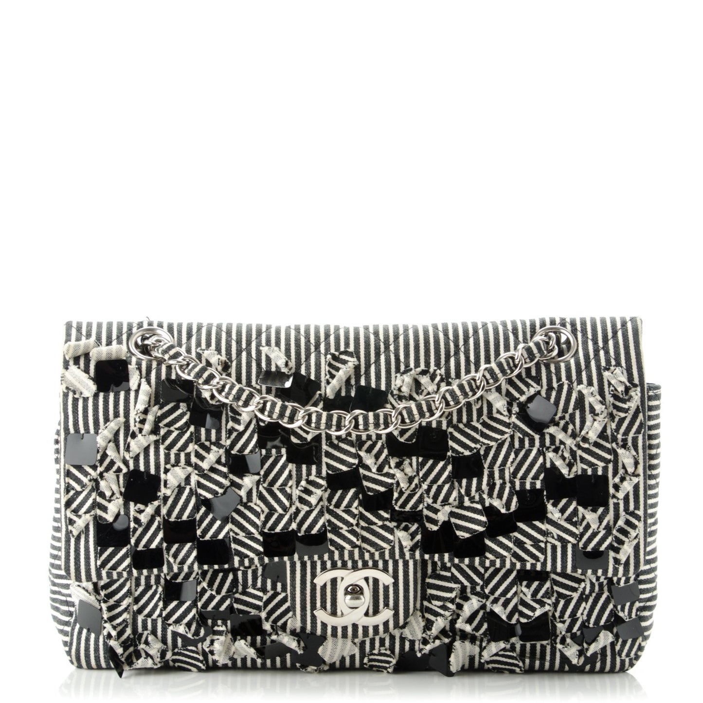 Canvas Sequin Stripe Medium Double Flap Black White