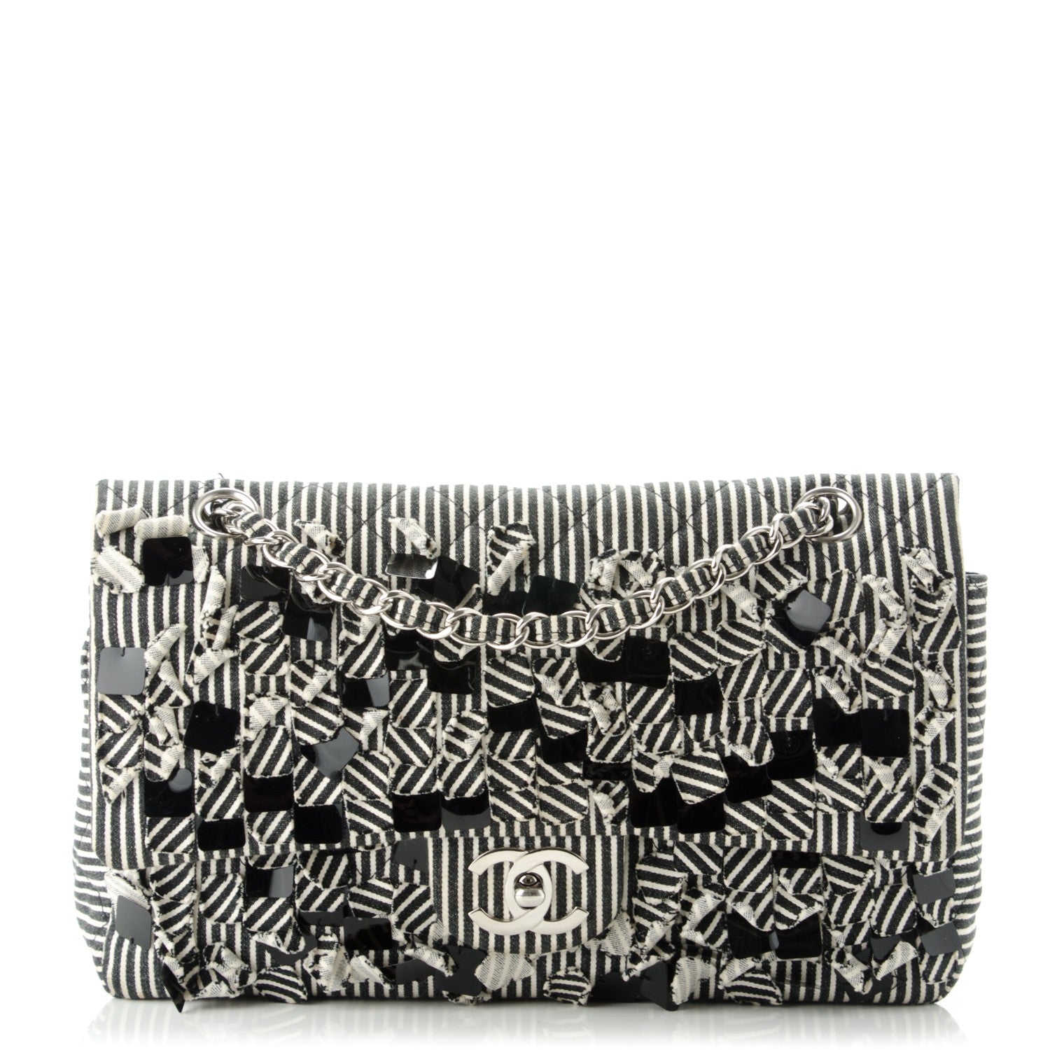 Chanel Canvas Sequin Stripe Medium Double Flap Black White 1 of 8