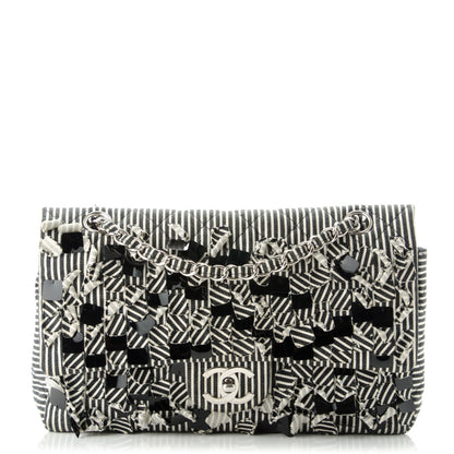 Chanel Canvas Sequin Stripe Medium Double Flap Black White 1 of 8