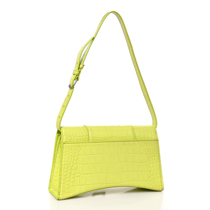 Balenciaga Shiny Calfskin Crocodile Embossed Small Hourglass Sling Shoulder Bag Lime 3 of 9