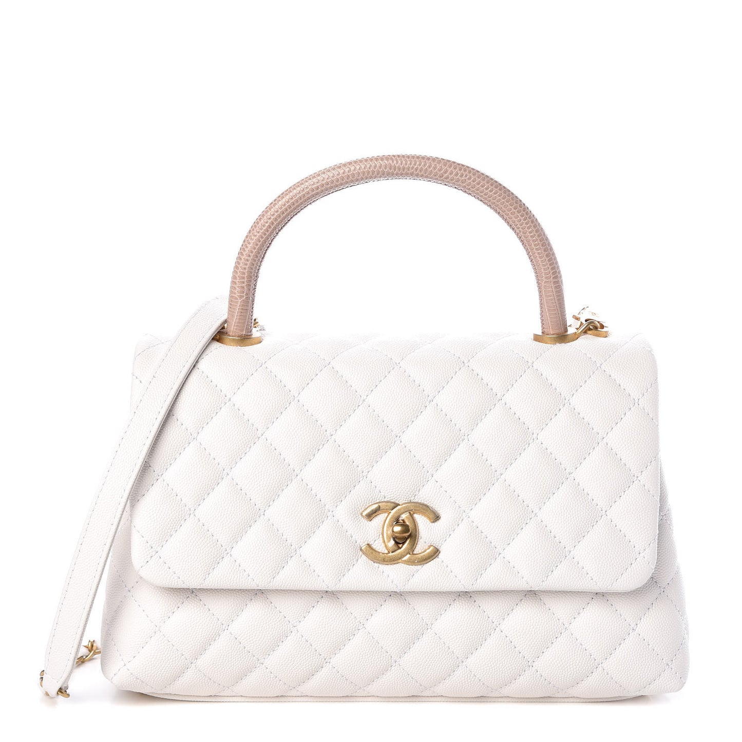 Caviar Lizard Quilted Small Coco Handle Flap White Beige