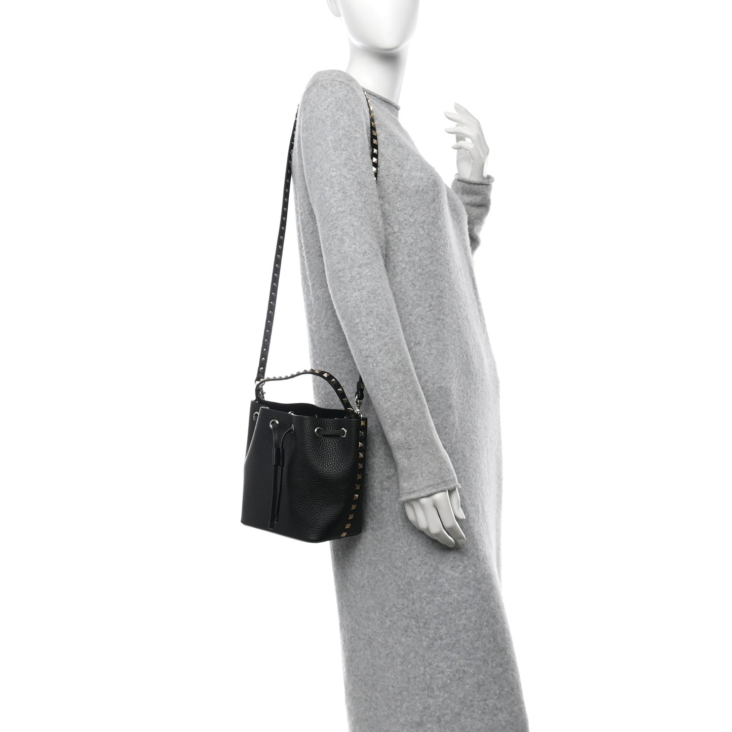 Grained Calfskin Rockstud Bucket Bag Black