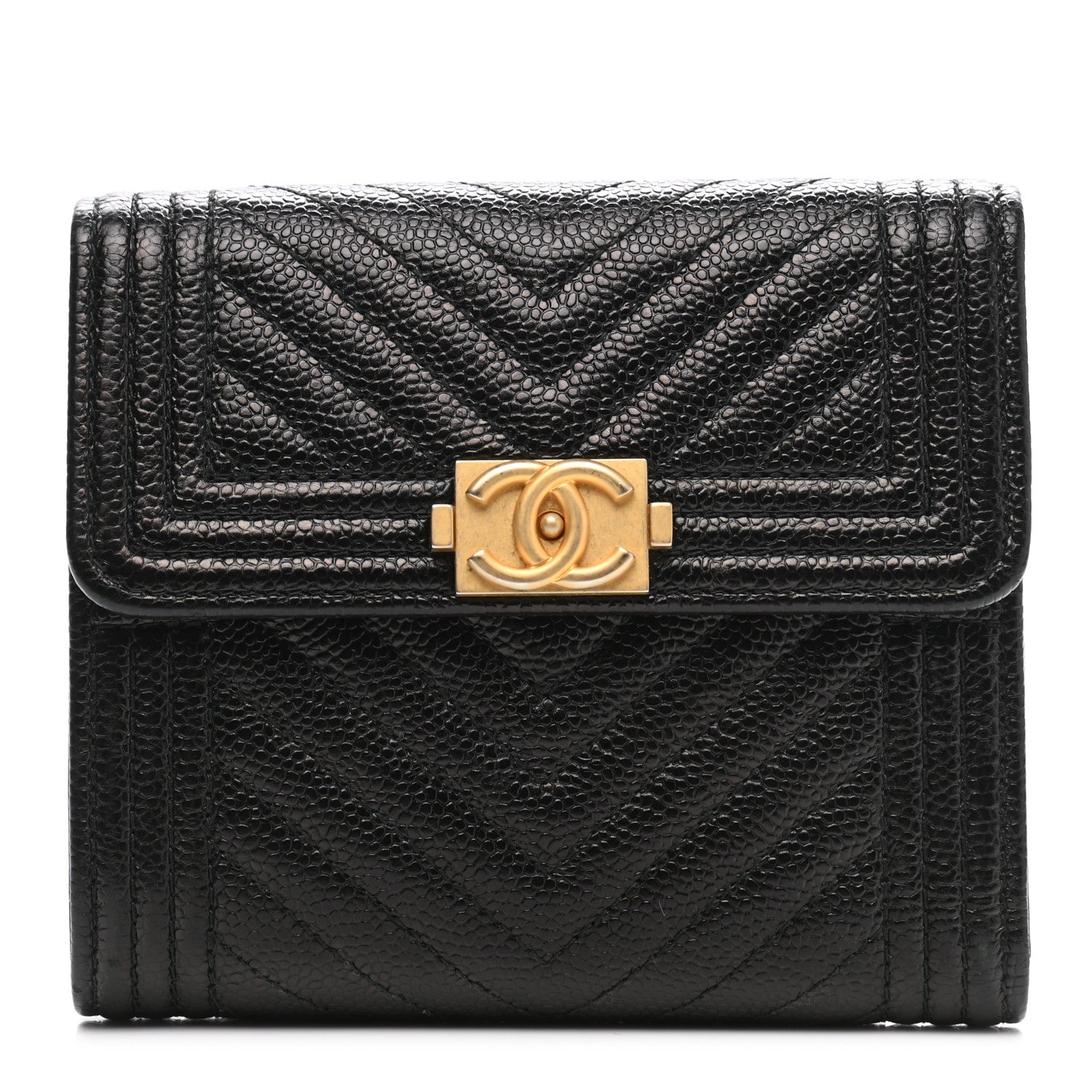 Chanel Caviar Chevron Quilted Boy Compact Wallet Black 1 of 9