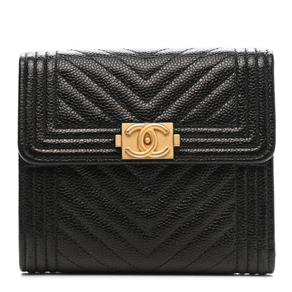 Chanel Caviar Chevron Quilted Boy Compact Wallet Black 1 of 9