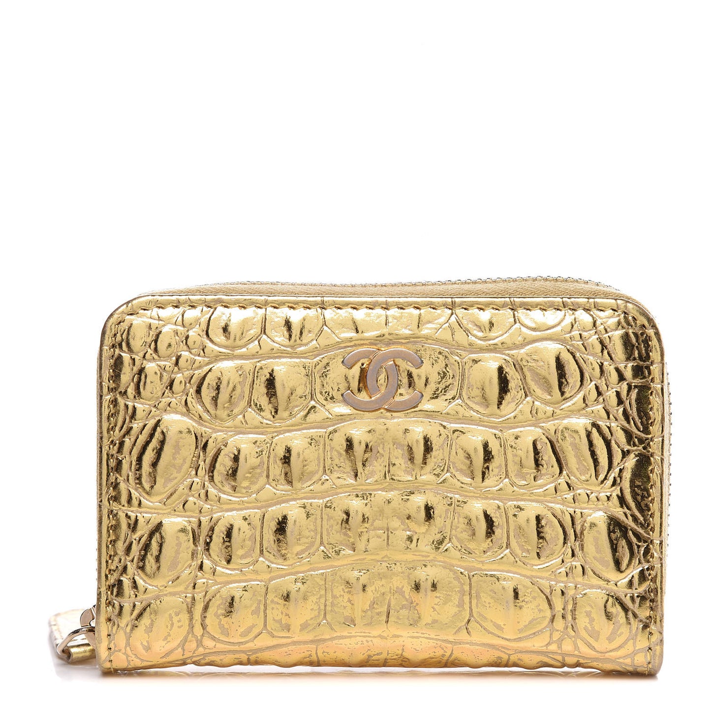 Metallic Calfskin Crocodile Embossed Cocodile Zip Coin Case Gold