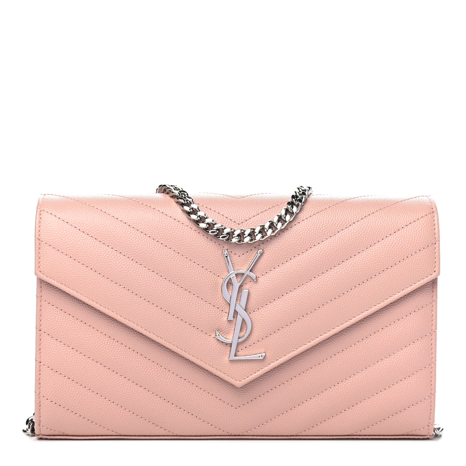 Saint Laurent Grain De Poudre Matelasse Chevron Monogram Chain Wallet Pale Pink 1 of 4