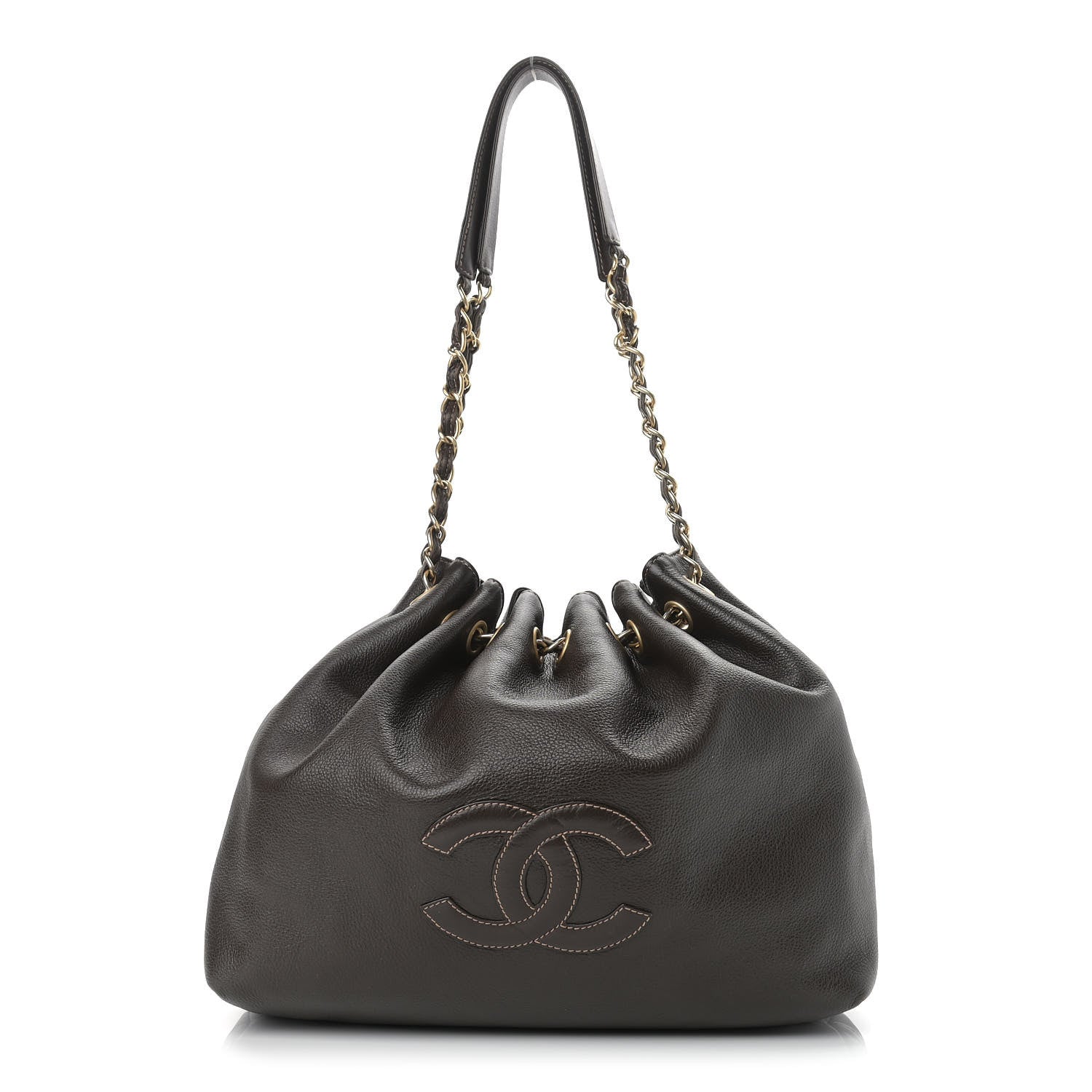 Chanel Grained Calfskin CC Drawstring Bucket Bag Dark Brown 1 of 10