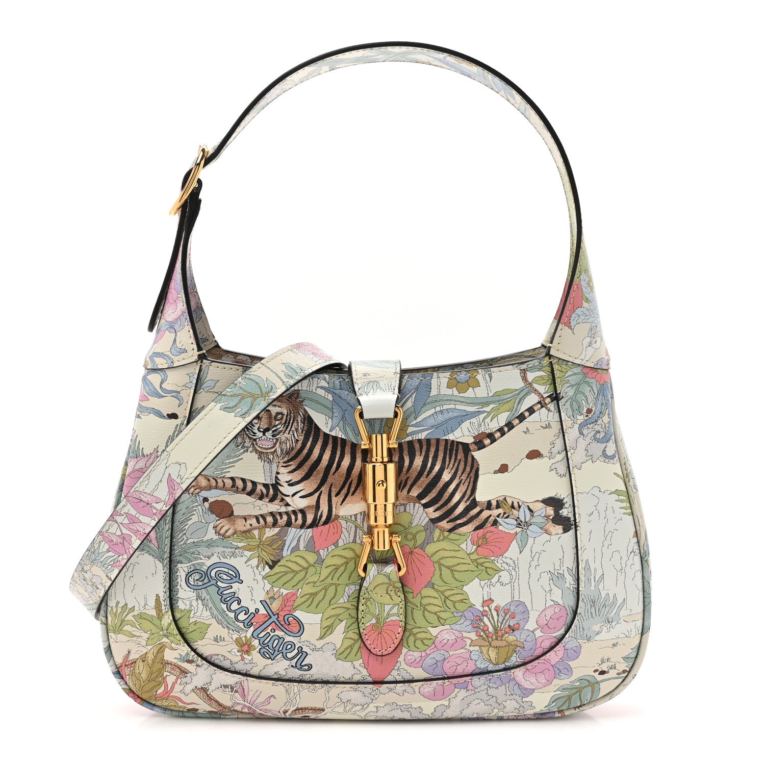 Gucci New Shangai Calfskin Tiger Savanah Small Jackie 1961 Hobo Chalky White Multicolor 1 of 10