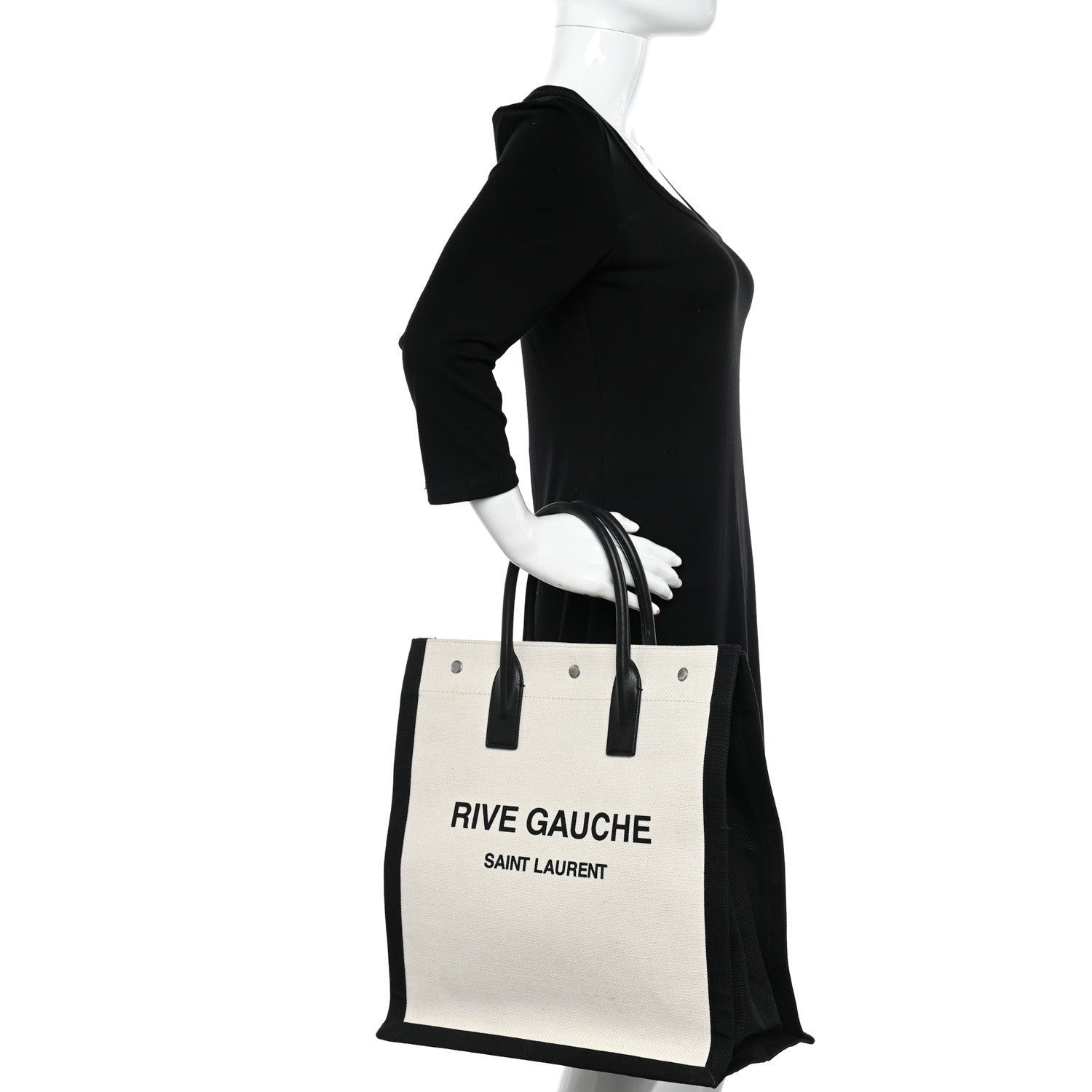 Saint Laurent Linen Calfskin Rive Gauche North South Tote White Black 2 of 12