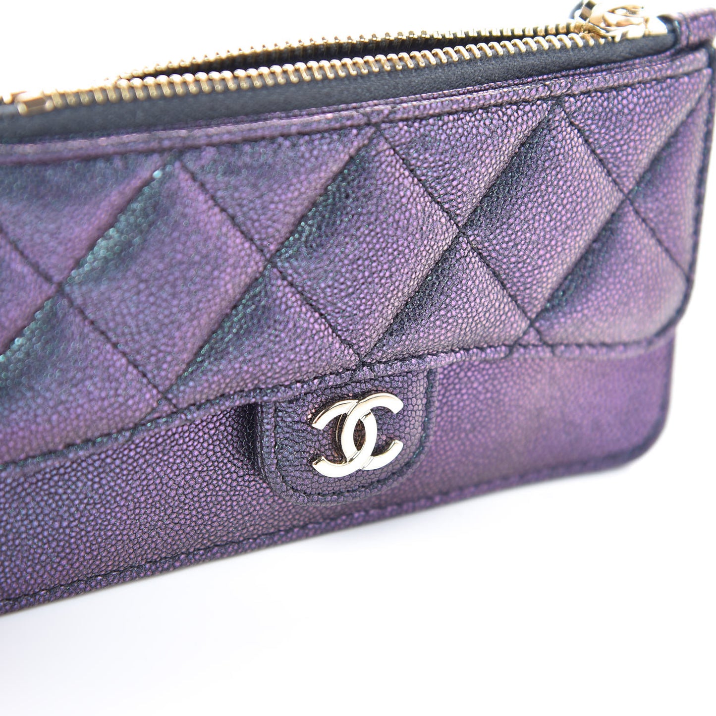 Iridescent Caviar Quilted Flap Zip Card Holder Black