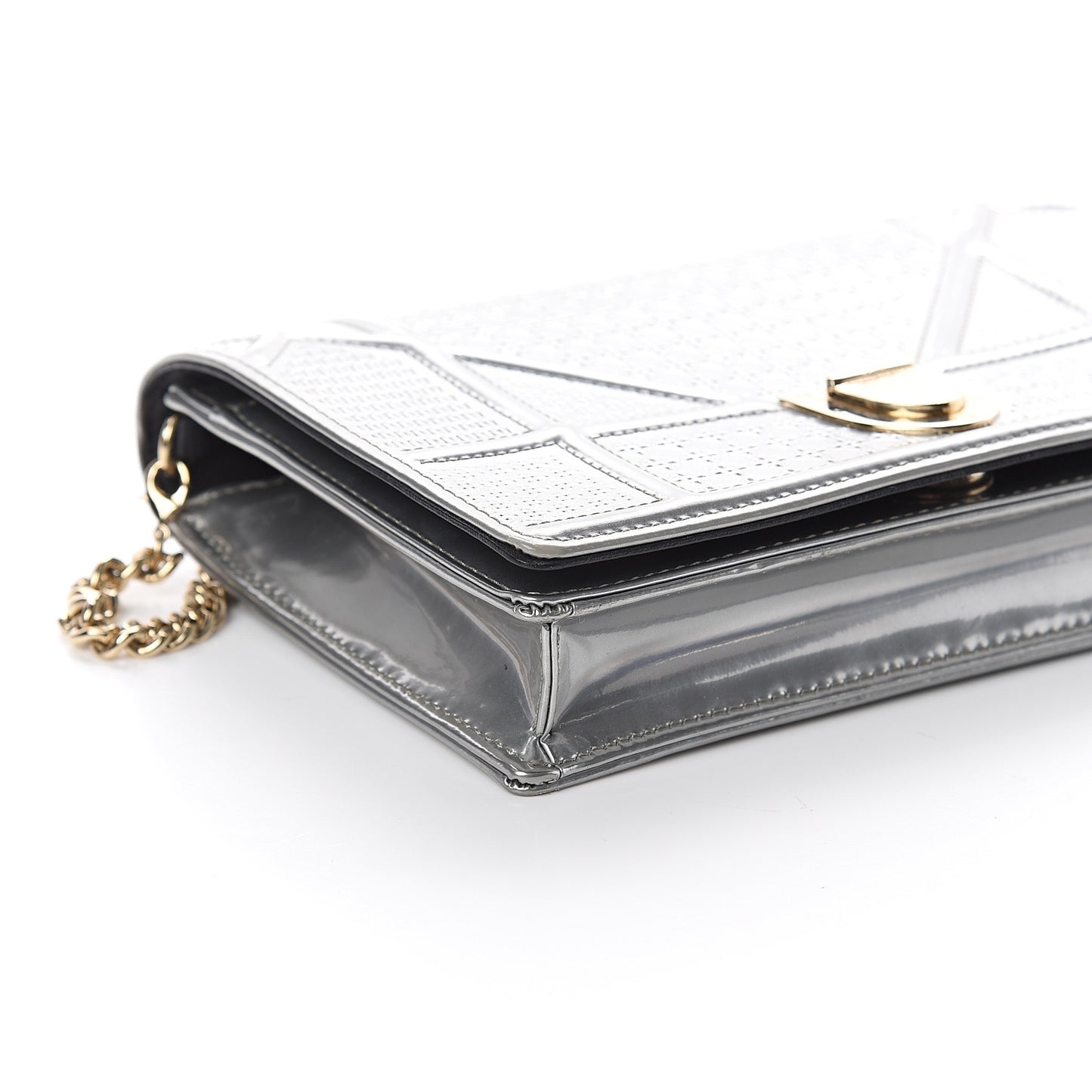 Metallic Patent Micro-Cannage Diorama Wallet on Chain Pouch Silver