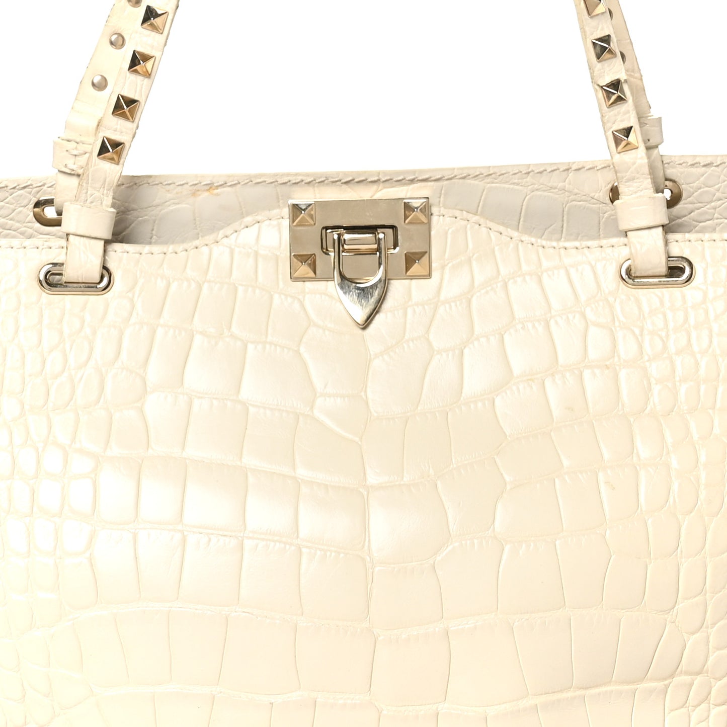 Calfskin Crocodile Embossed Medium Rockstud Tote Ivory
